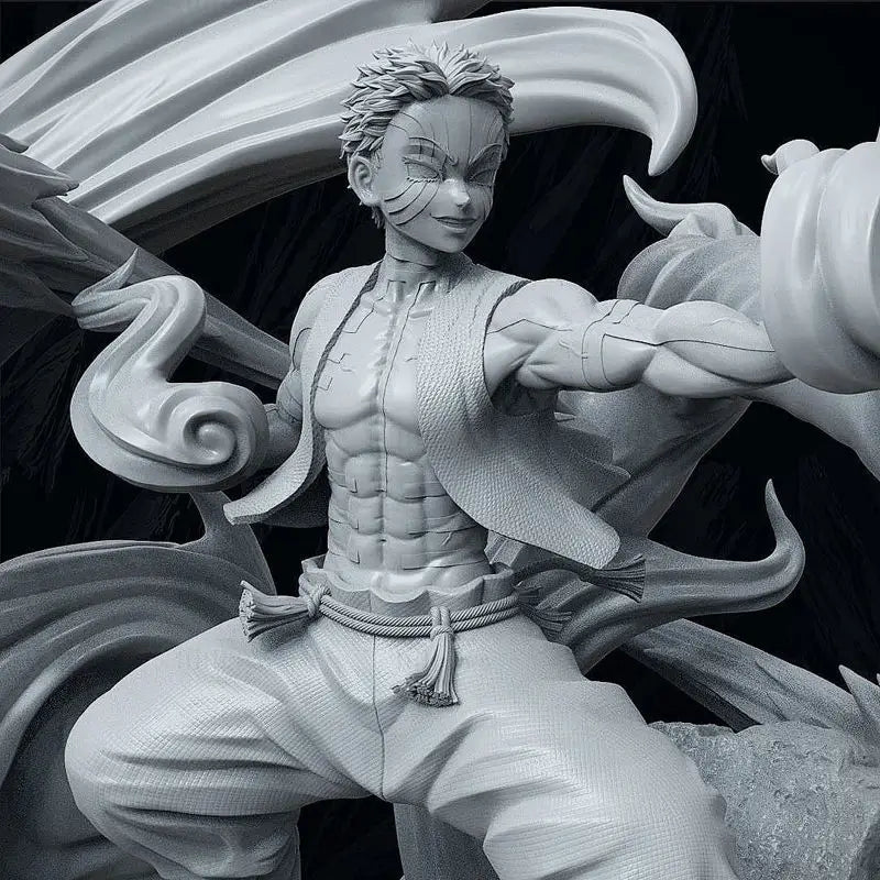 Gray-scale sculpture of a Akaza from demon slayer with flowing robes against a dark background