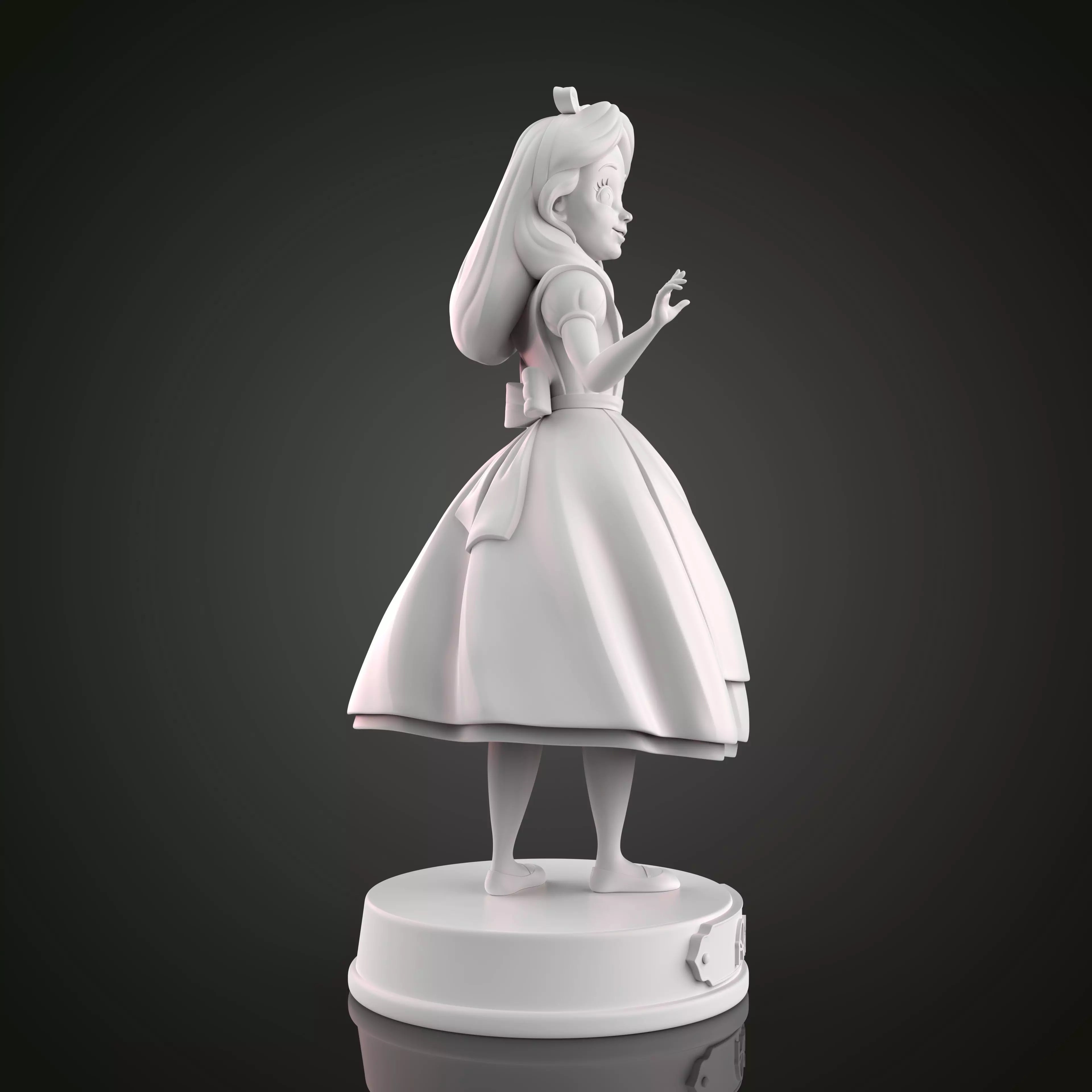 White figurine of a character in a dress on a dark background