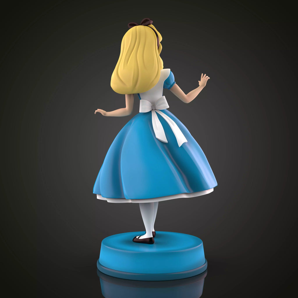 Figurine of a character in a blue dress with a white shirt on a dark background