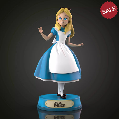 Figurine of a character in a blue dress with a white apron on a dark background
