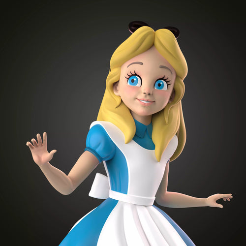 3D animated character of a girl with blonde hair and blue eyes, wearing a white and blue dress.