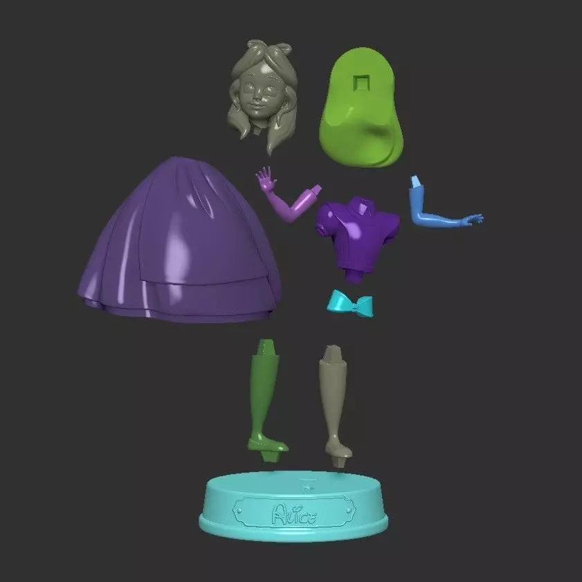Disassembled figure with various parts on a dark background
