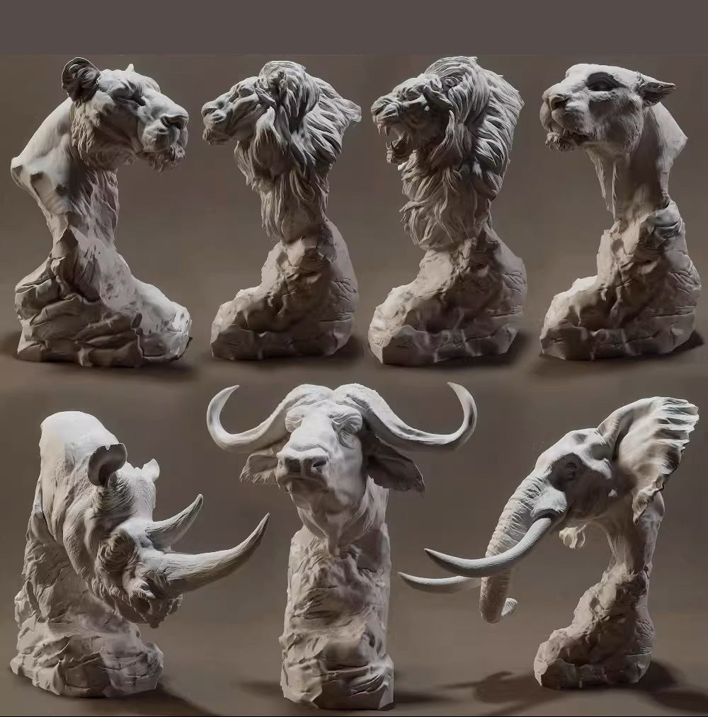 Set of 7 Animal Busts 3D Printing STL Files, 3D Printable Statue Design