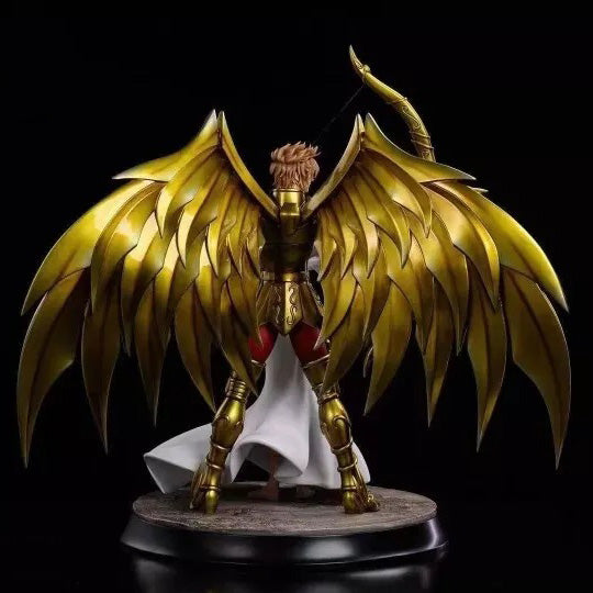 Gold and white angelic figure with wings on a black background
