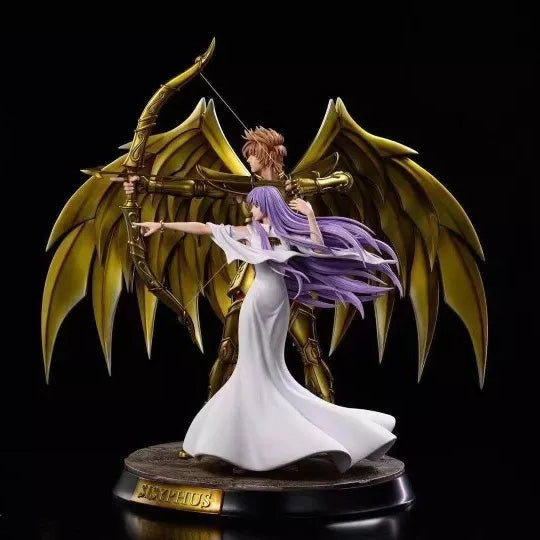 Statue of a character with wings and bow on a dark background
