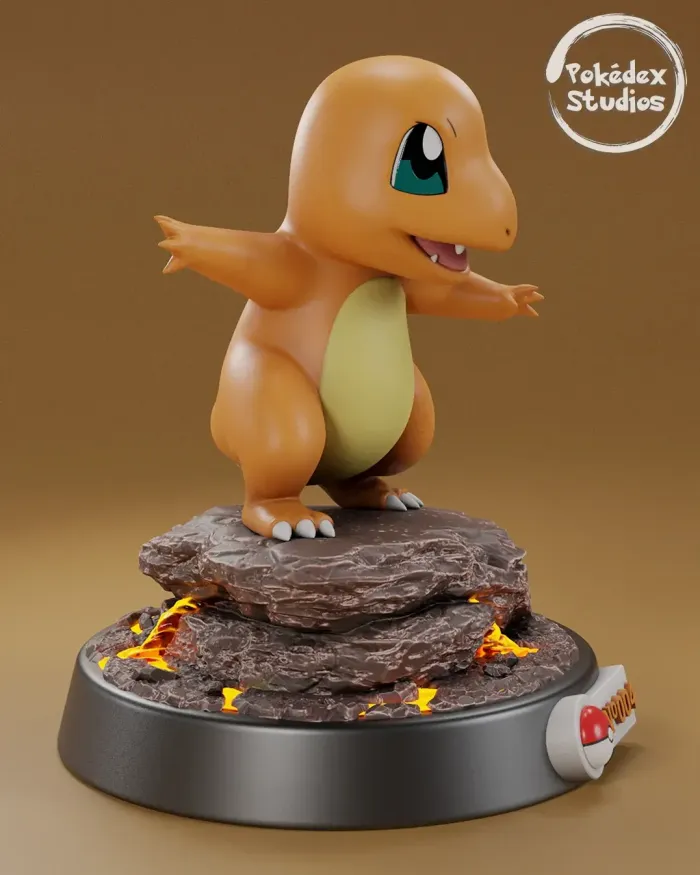 Charmander figurine on a rock with flames, branded 'Pokédex Studios' on a brown background