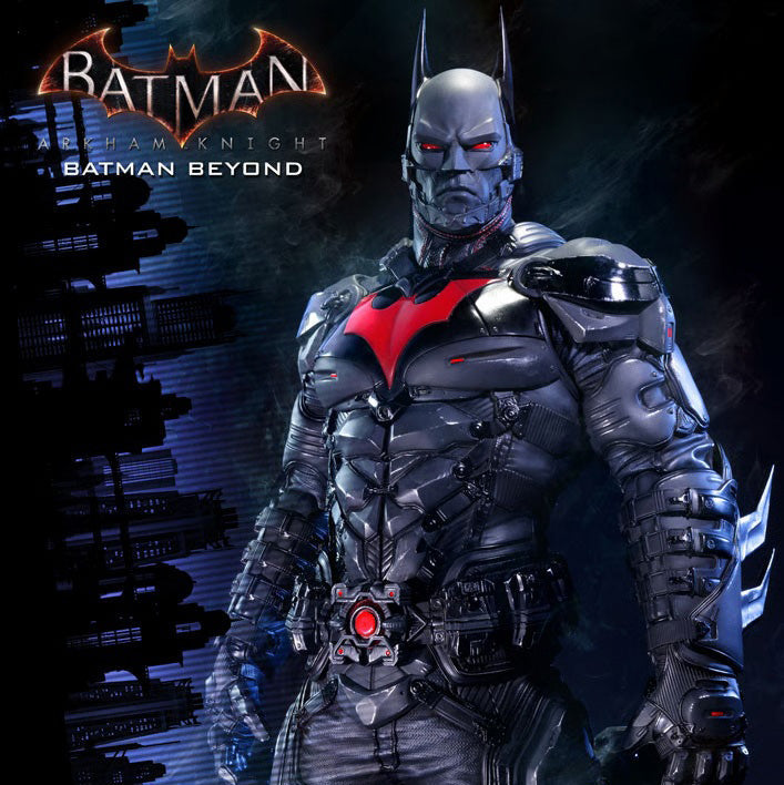 Batman Beyond armored figure in dark metallic gray with a red chest emblem and glowing red eyes, posed against a dark blue and black cityscape background with Batman Beyond logo text at top left.