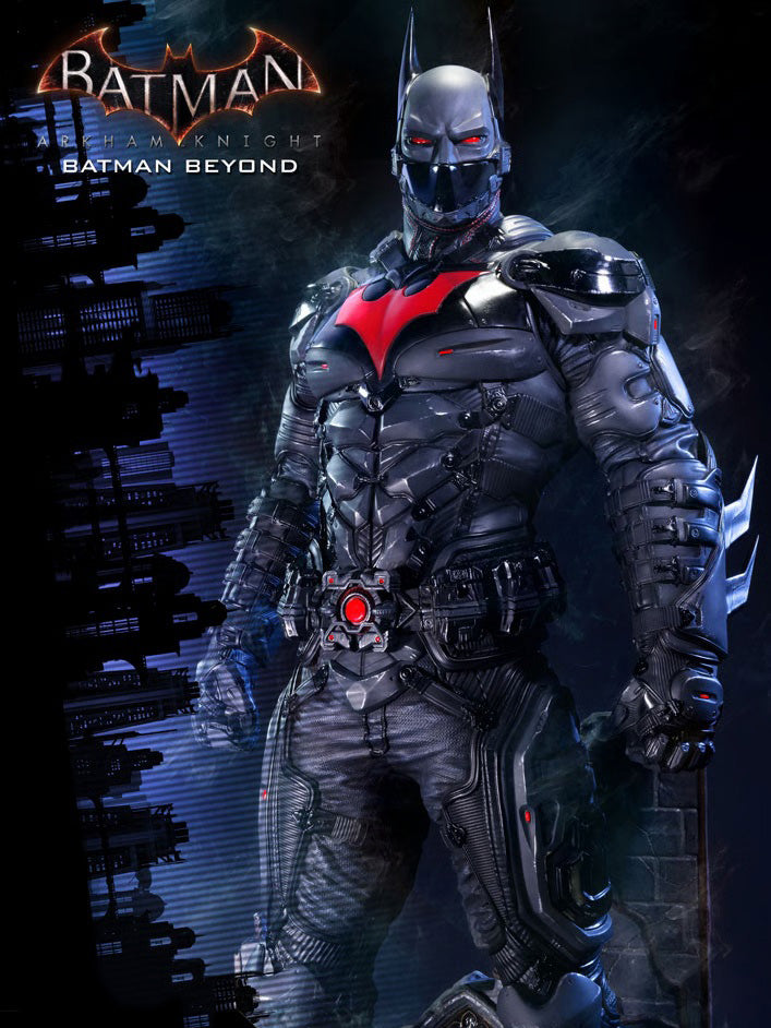 Batman in a highly detailed, armored black and gray suit with a prominent red chest emblem, standing in a dramatic dark cityscape setting. The Batman cowl and the title logo for 'Batman v Superman: Batman Beyond' are visible in the upper left.