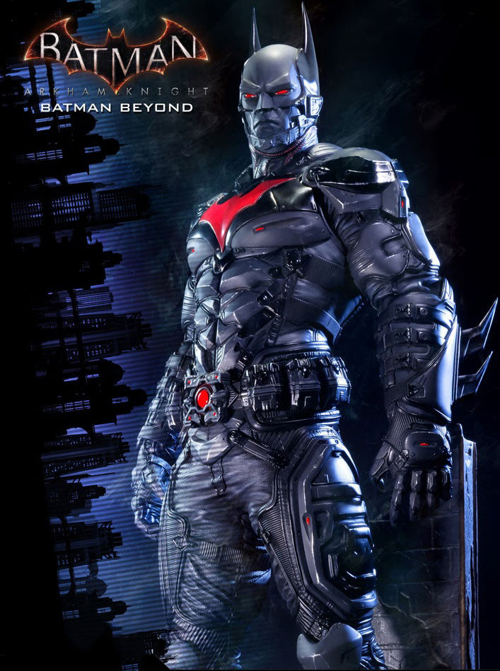 Batman in a highly detailed, armored futuristic suit from Batman: Arkham Knight - Batman Beyond, standing against a dark, smoky cityscape background with the Batman logo in the top left corner.