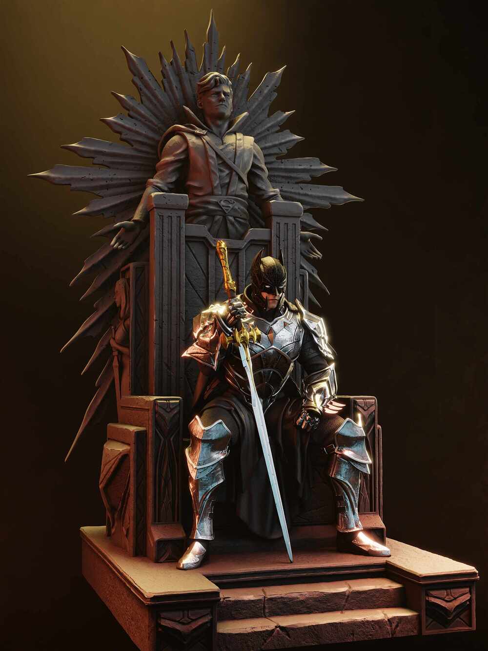 Statue of a batman on a throne with a dark background