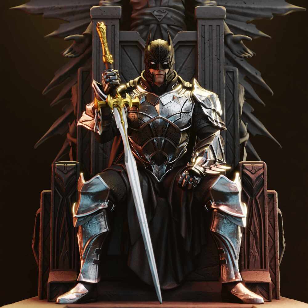  armored batman holding a sword on a throne-like chair with a dark background