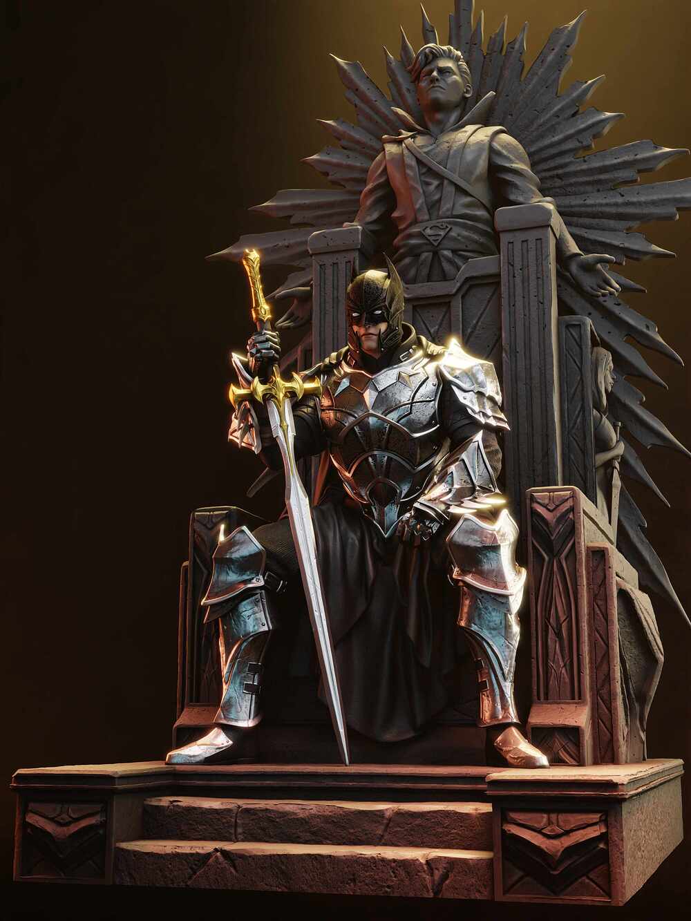 Statue of a batman warrior in armor holding a sword, seated on a throne with a dark background