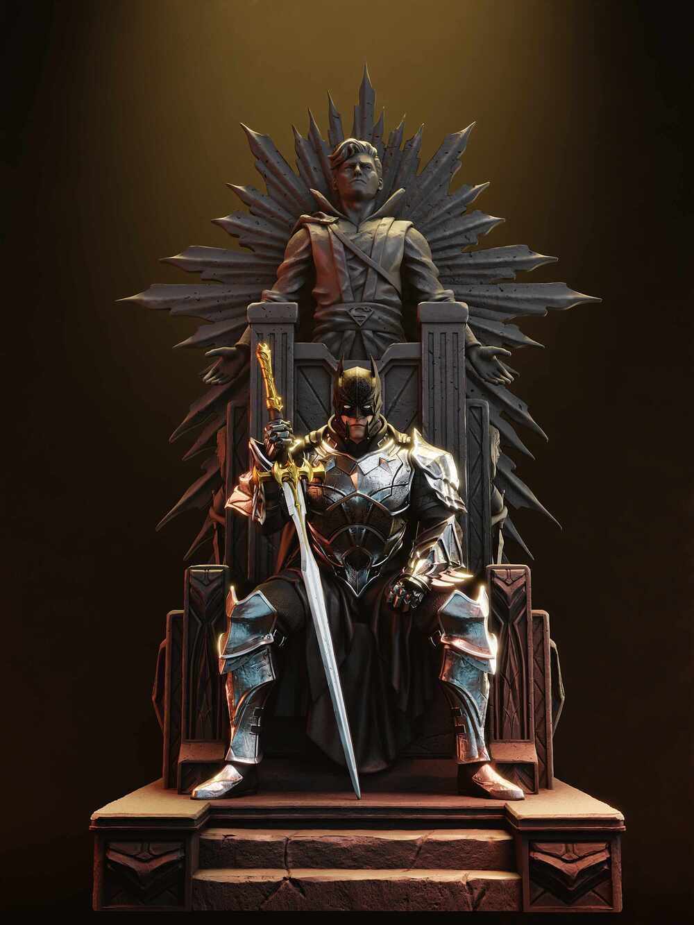Statue of a batman on a throne with a dark background