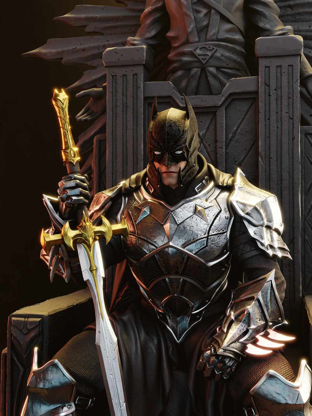 batman in dark armor with a sword, sitting on a throne-like structure.