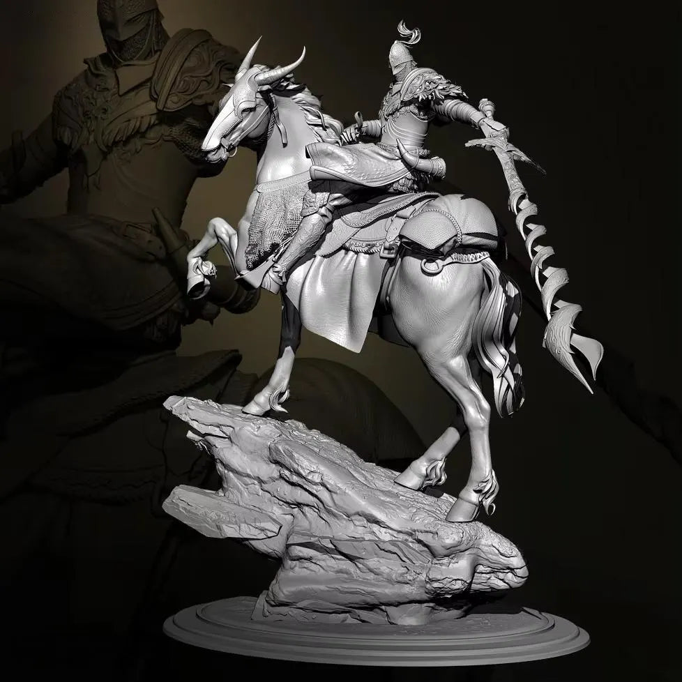 Statue of a warrior on horseback with a dark background