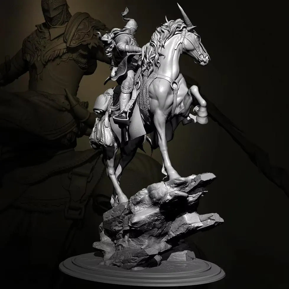 Statue of a warrior on horseback with a dark background