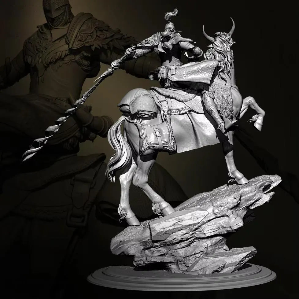 Statue of a warrior on horseback with a dark background