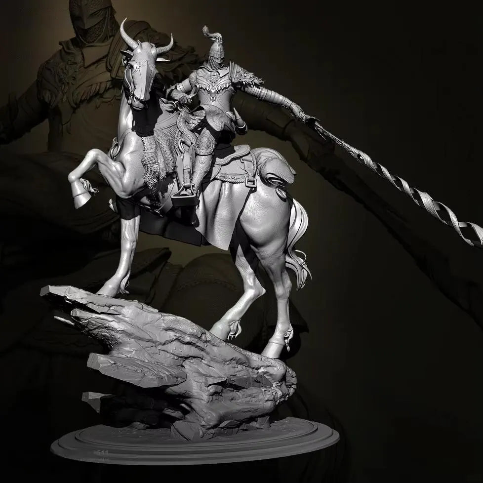 Statue of a warrior on horseback with a dark background