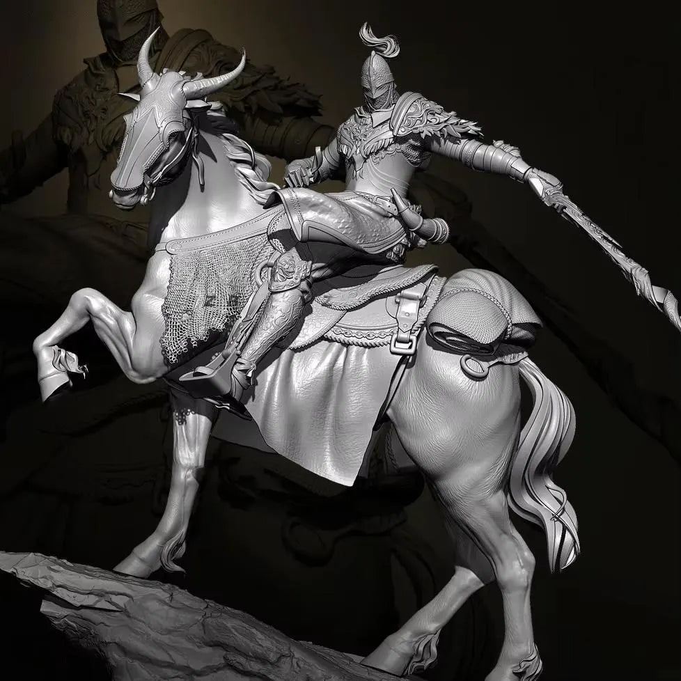 Statue of a knight on horseback with a dark background