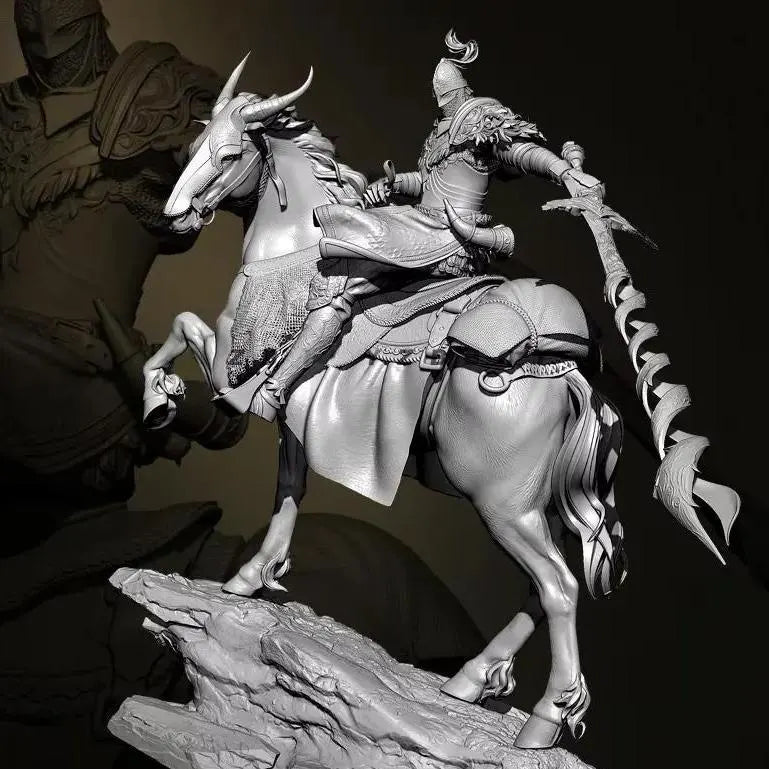 Statue of a warrior on horseback with a dark background