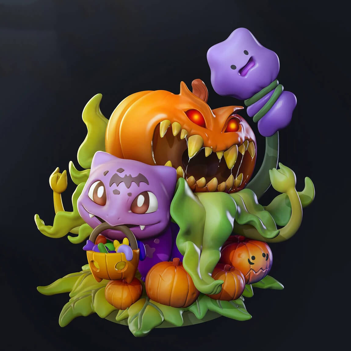 Halloween-themed figurine with pumpkins and a ghost on a black background