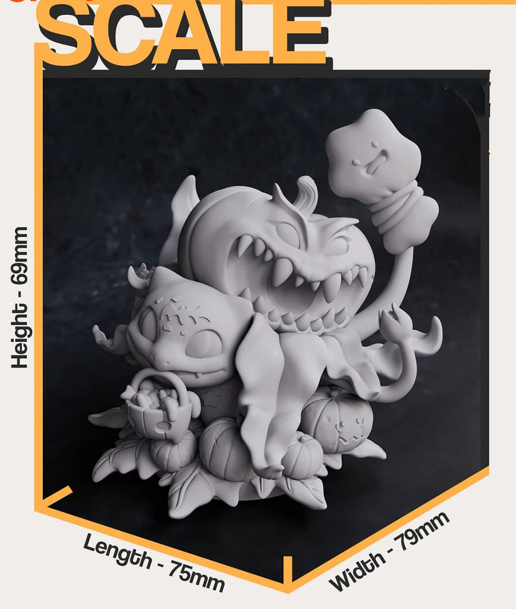 White plastic figurine with measurements on a black background