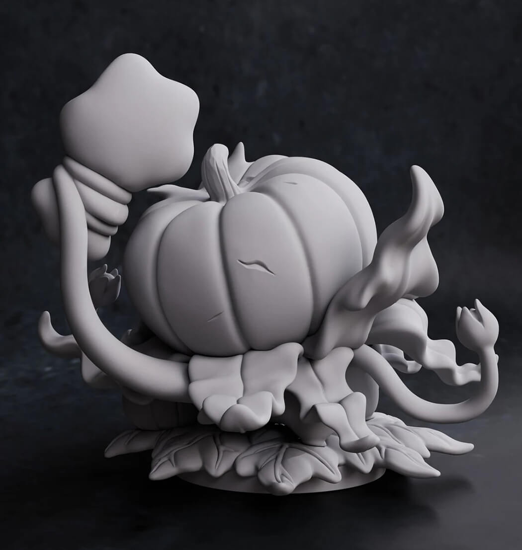 Gray clay sculpture of a creature with large eyes and tentacles on a dark background