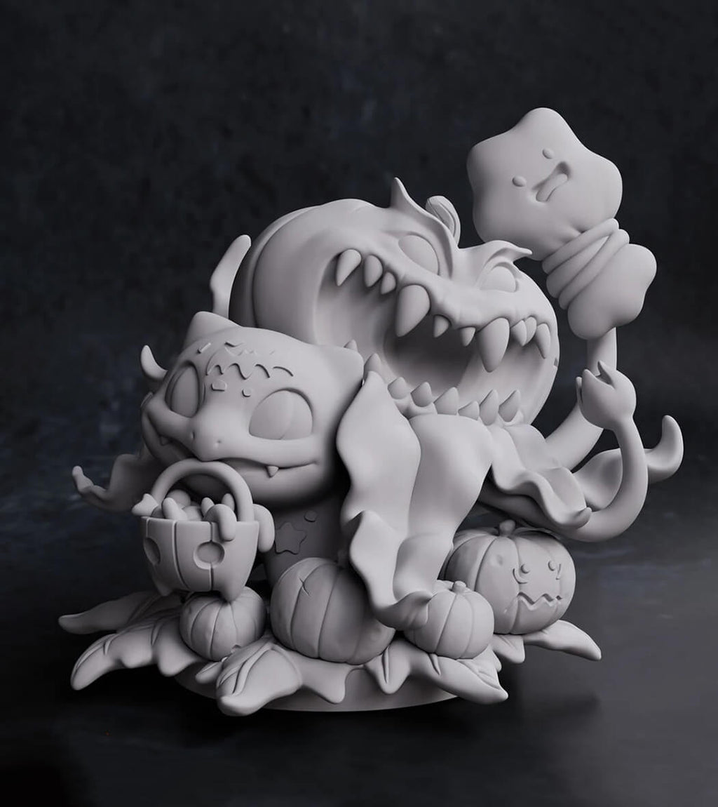 Gray clay sculpture of a dragon-like creature with pumpkins on a dark background