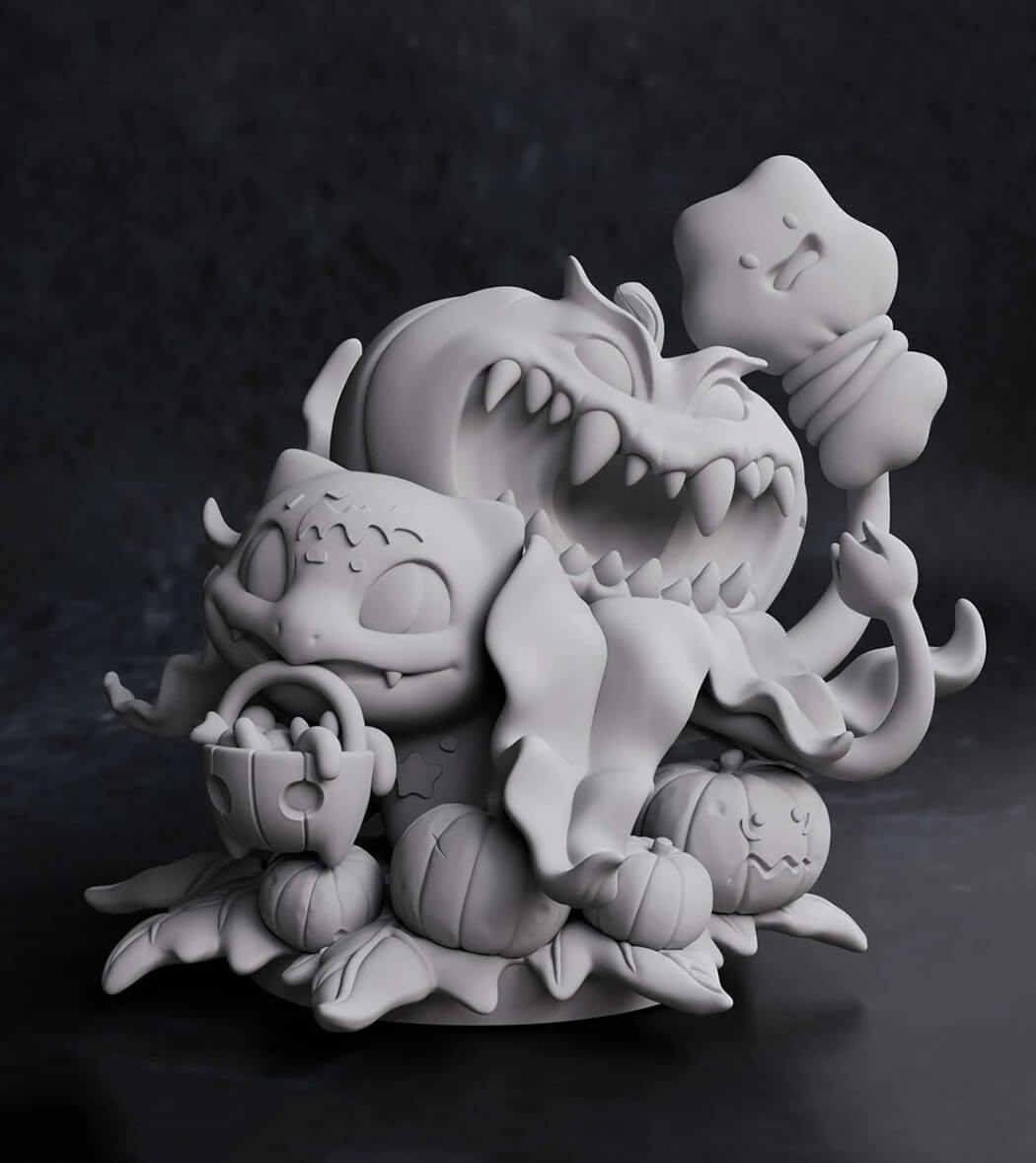 Gray clay sculpture of a dragon-like creature with pumpkins on a dark background