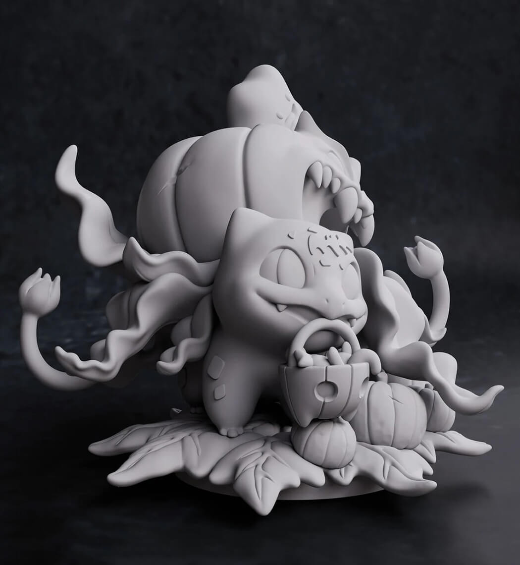 Gray clay sculpture of a stylized creature with pumpkin-like features on a dark background