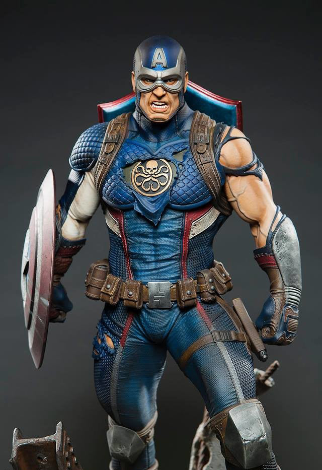 Action figure of a superhero in a blue costume with a shield on a dark background