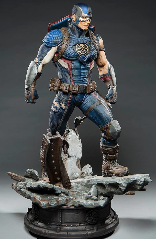 Statue of a superhero character in a dynamic pose on a gray background