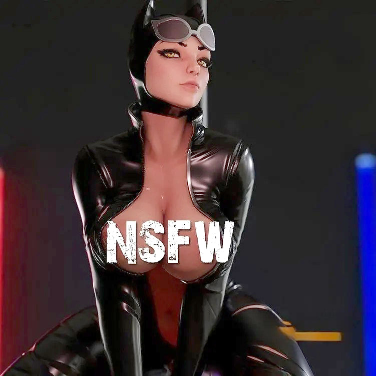 Character in a black cat-themed outfit with 'NSFW' text on a dark background