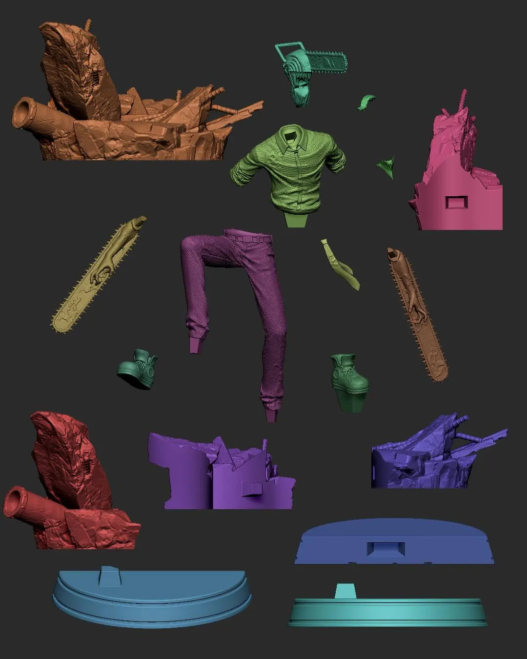 Set of toy figure parts on a black background