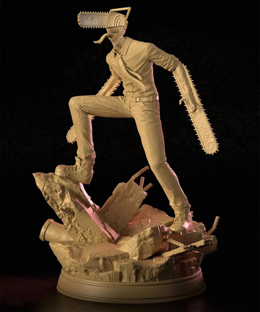 Statue of a character with chainsaws for arms on a dark background