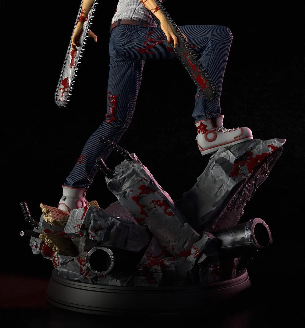 Statue of a character with chainsaws on a dark background
