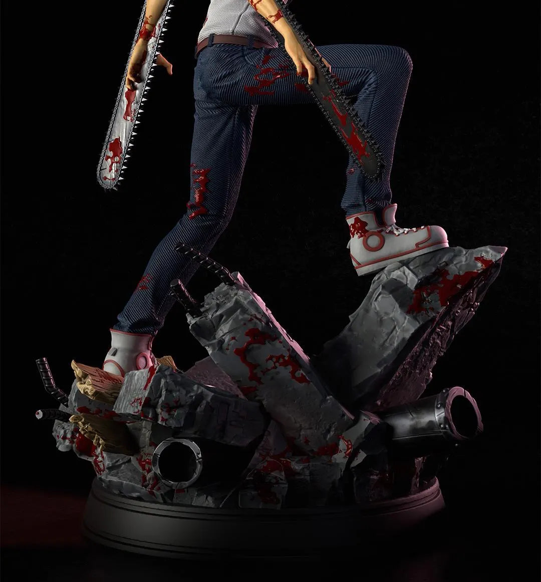 Statue of a character with chainsaws on a dark background