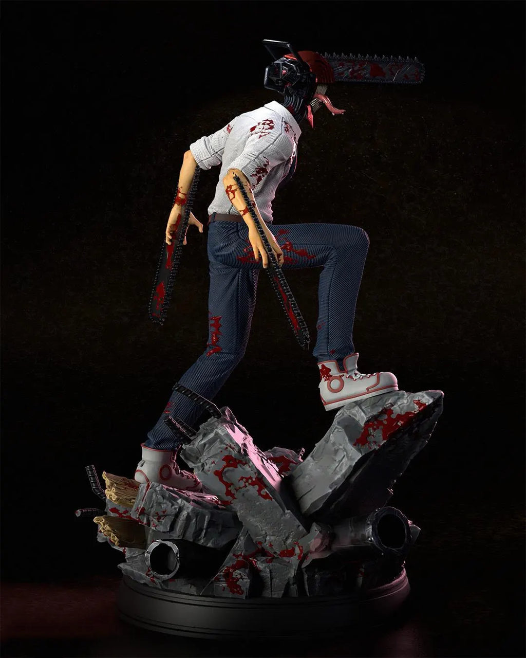 Statue of a character with a chainsaw on a dark background