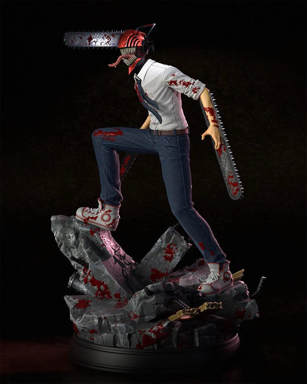 Statue of a character with a chainsaw for a head on a dark background
