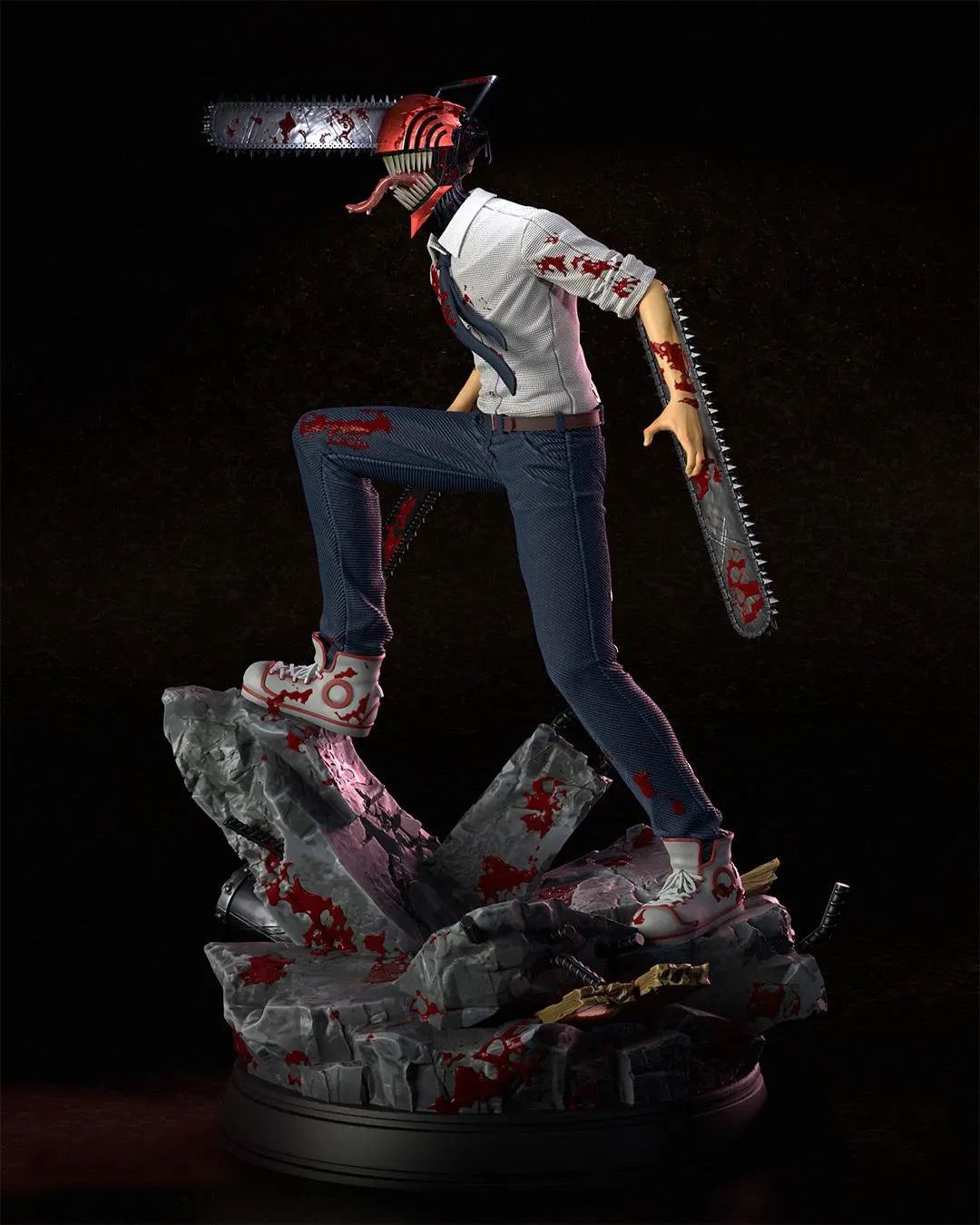 Statue of a character with a chainsaw for a head on a dark background