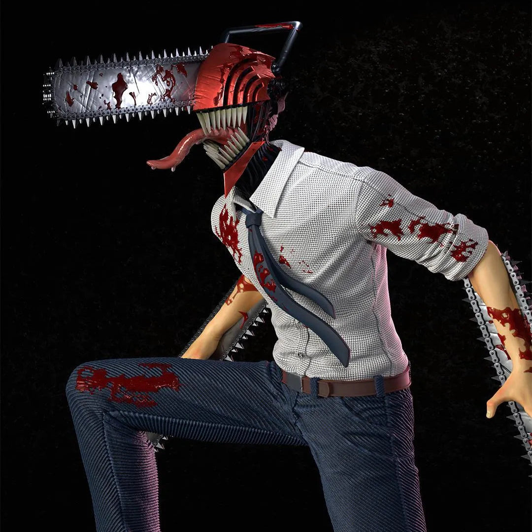 Horror-themed figure with a chainsaw for a head on a black background