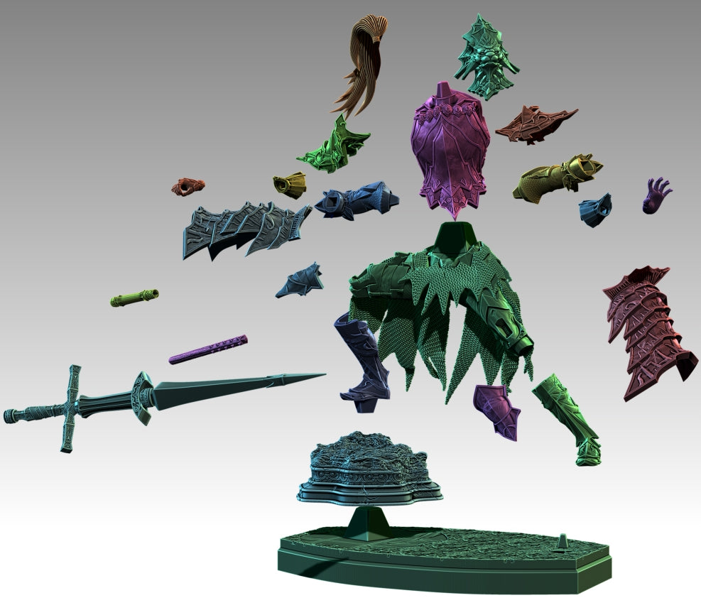 Collection of fantasy figurines and accessories on a gray background