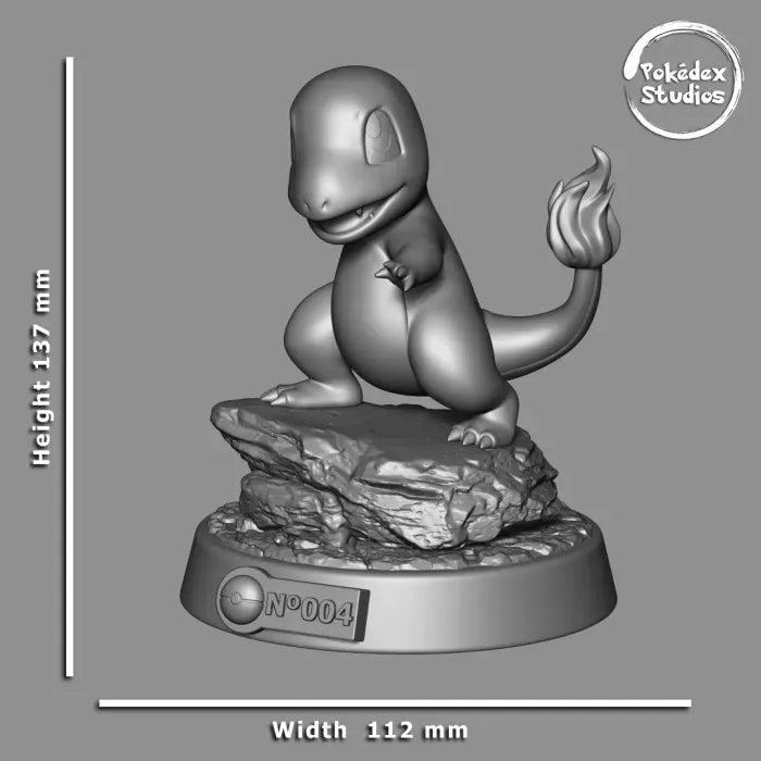 Gray 3D-printed dinosaur-like creature on a rock with measurements and 'Pokédex Studios' branding.