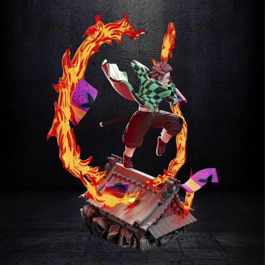 Animated character with flames and colorful elements on a dark background
