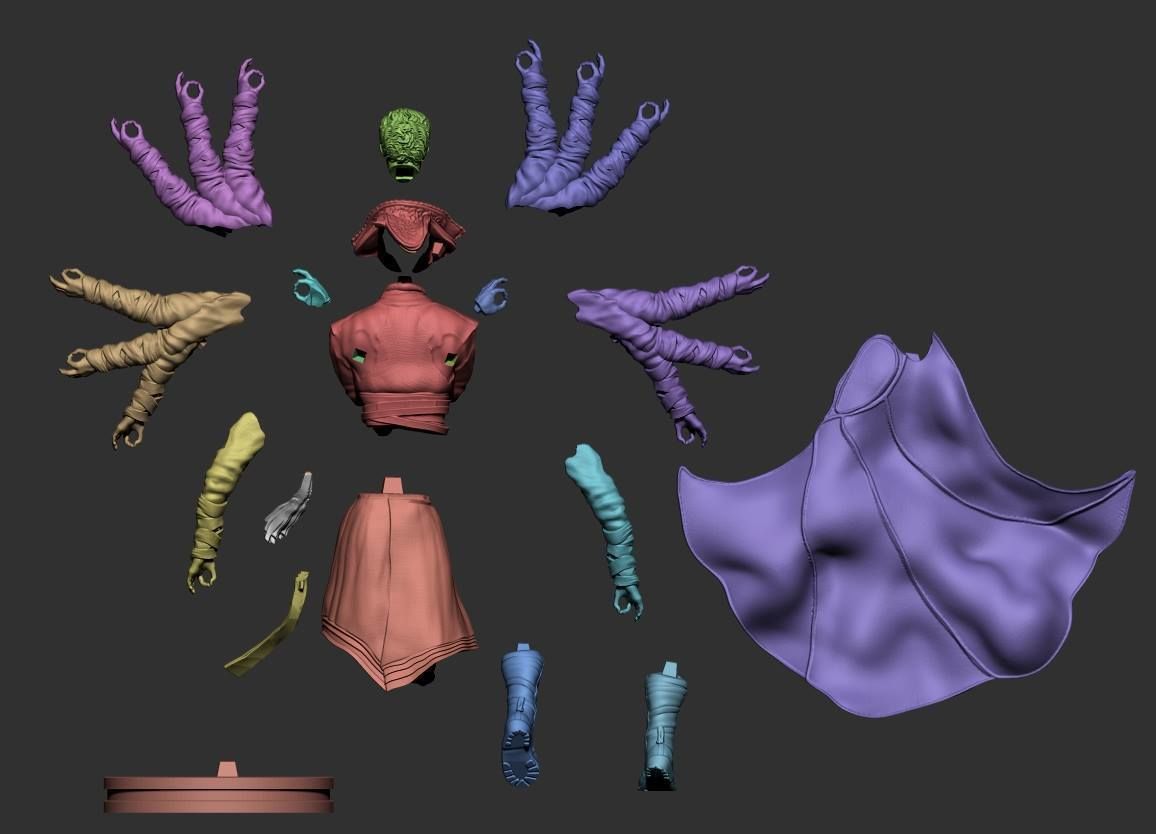Collection of colorful 3D-printed parts on a dark background