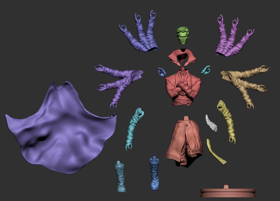 Collection of colorful alien figure parts on a dark background