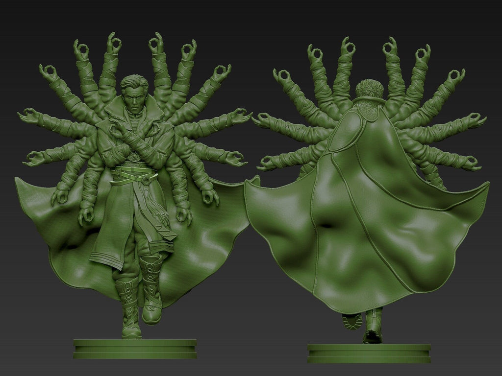Green figurine with multiple arms on a dark background