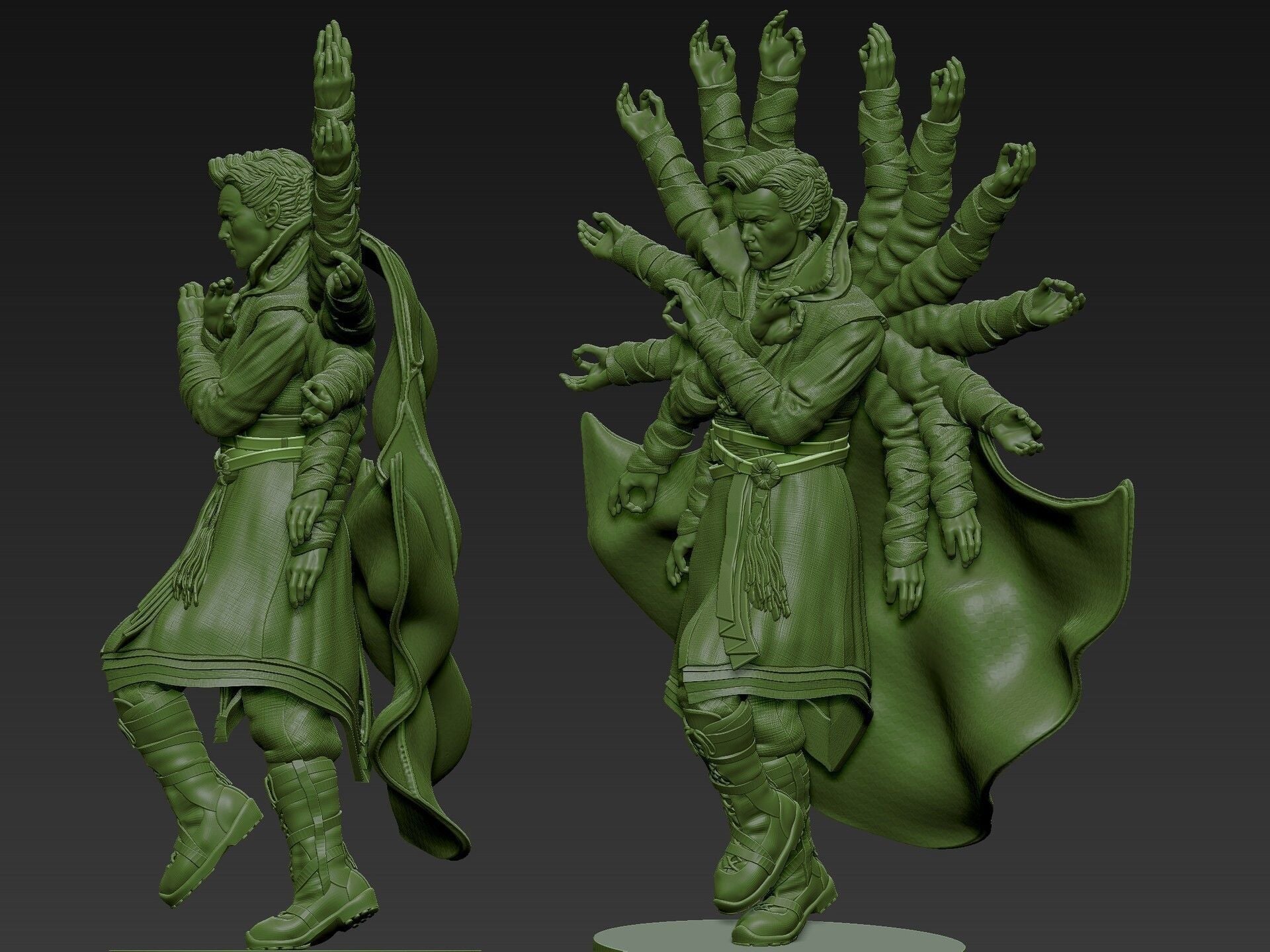 Green figurine with multiple arms on a gray background