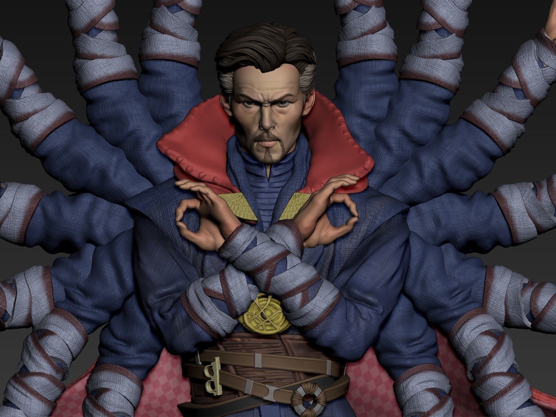 Character with multiple arms wrapped around them, wearing a red and blue outfit.
