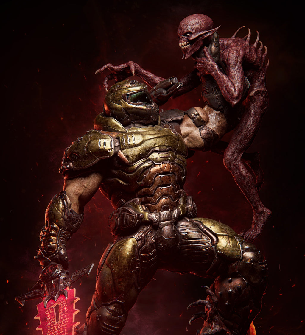 Action figure of a warrior in gold armor facing off against an alien creature on a dark background.